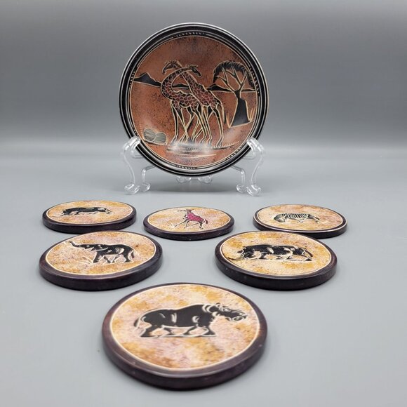 Soapstone Handmade African Animal Etched Decorative Bowl & Coaster Set Safari - Picture 1 of 12